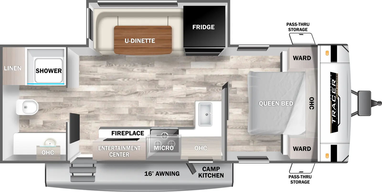 The 23RBS has one entry and one slideout. Exterior features a camp kitchen, front passthrough storage, and a sixteen foot awning. Interior layout front to back: foot-facing queen bed with wardrobes on either side and overhead cabinets; off-door side slideout with refrigerator and u-dinette; kitchen counter with sink wraps from inner wall to door side with cooktop, overhead cabinets, microwave, entertainment center and fireplace below next to the entry steps; rear full bathroom with linen closet, and overhead cabinet above sink.